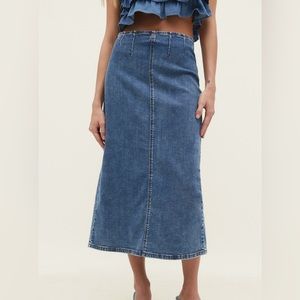 Stradivarius Stretch Denim Midi Skirt - SIZE 12 - medium dark blue denim